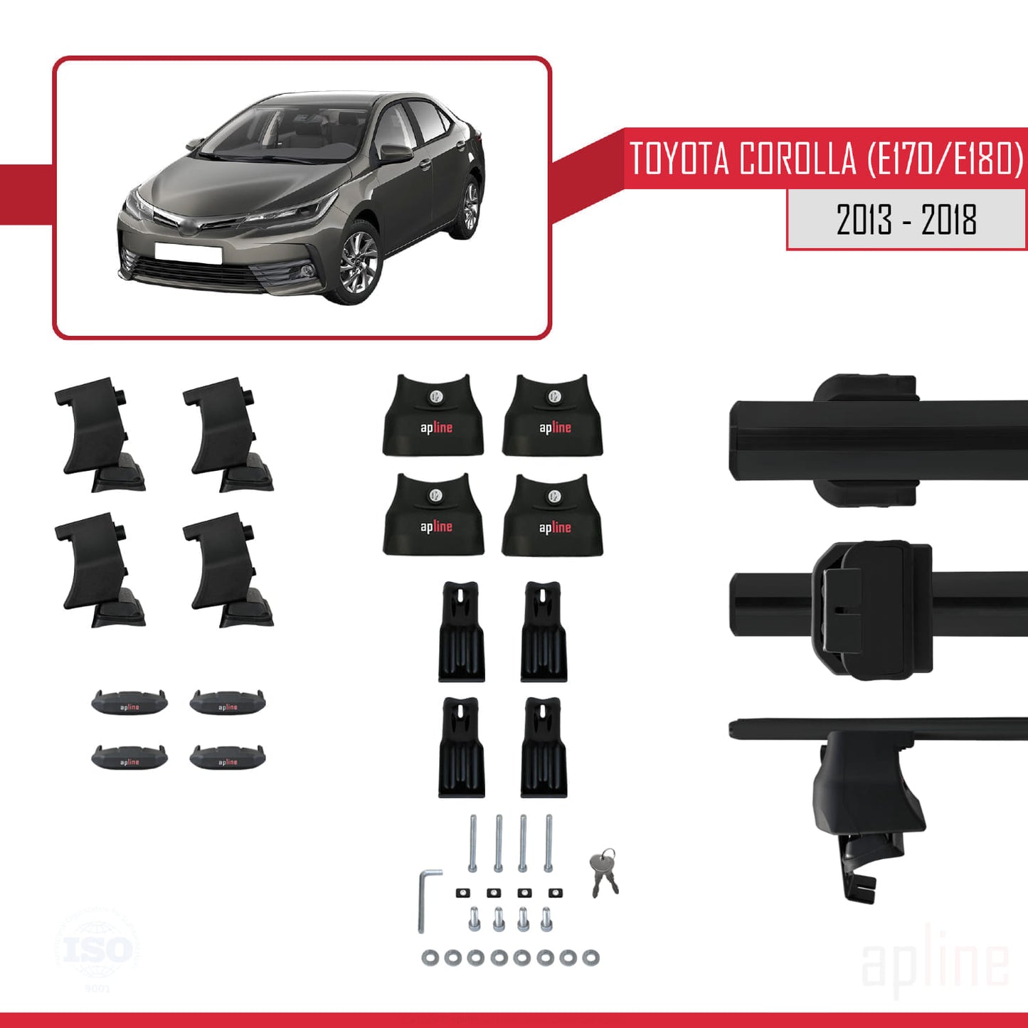 Compatible avec Toyota Corolla 11 (E180) 2013-2018 ACE-4 Barres de Toit Railing Porte-Bagages de Voiture Noir Aluminium 2 Barres