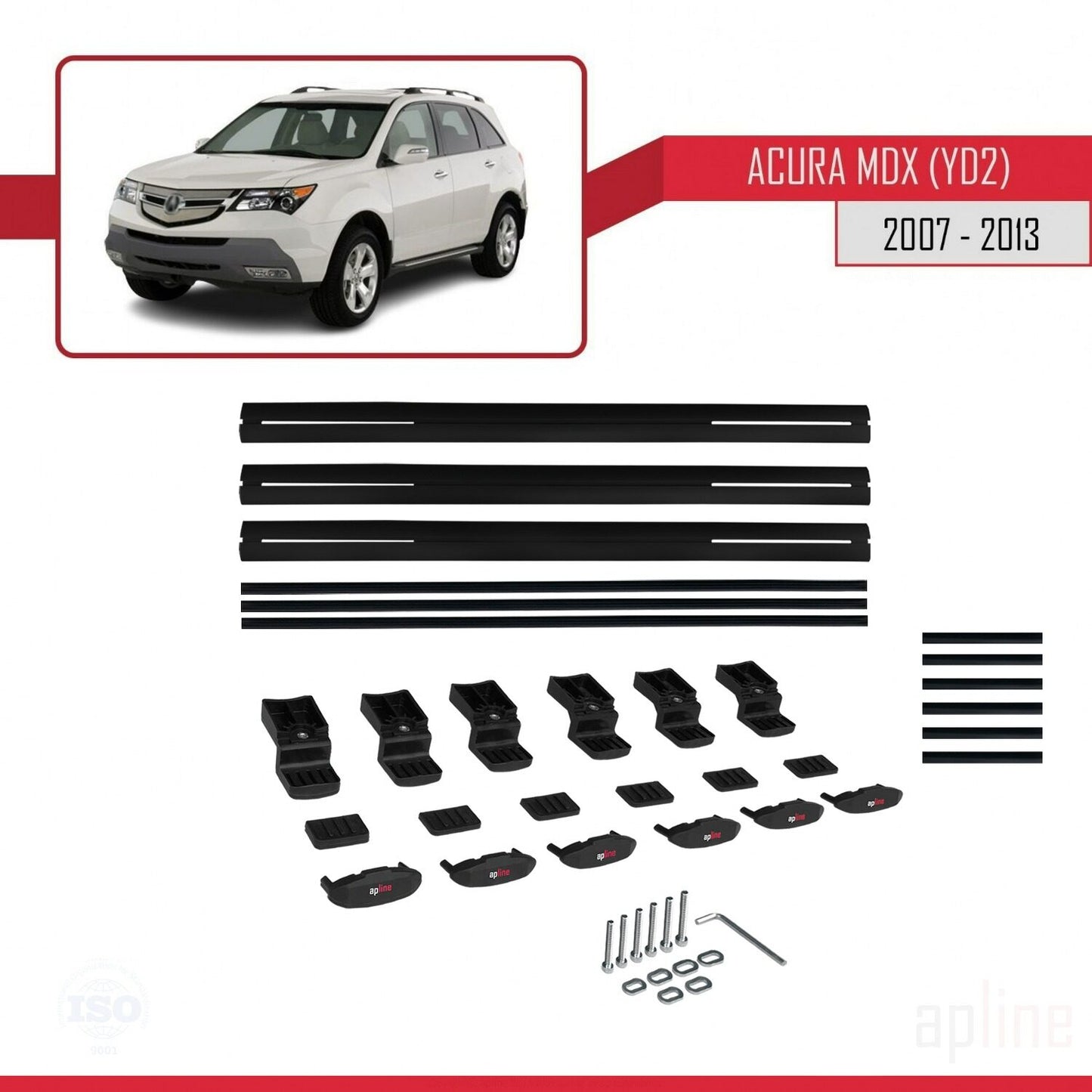 Kompatibel mit Acura MDX (YD2) 2007-2013 Basismodell Dachgepäckträger, schwarzes Aluminium, 3 Stangen