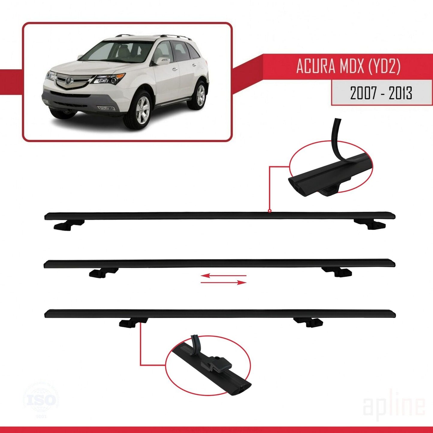 Kompatibel mit Acura MDX (YD2) 2007-2013 Basismodell Dachgepäckträger, schwarzes Aluminium, 3 Stangen
