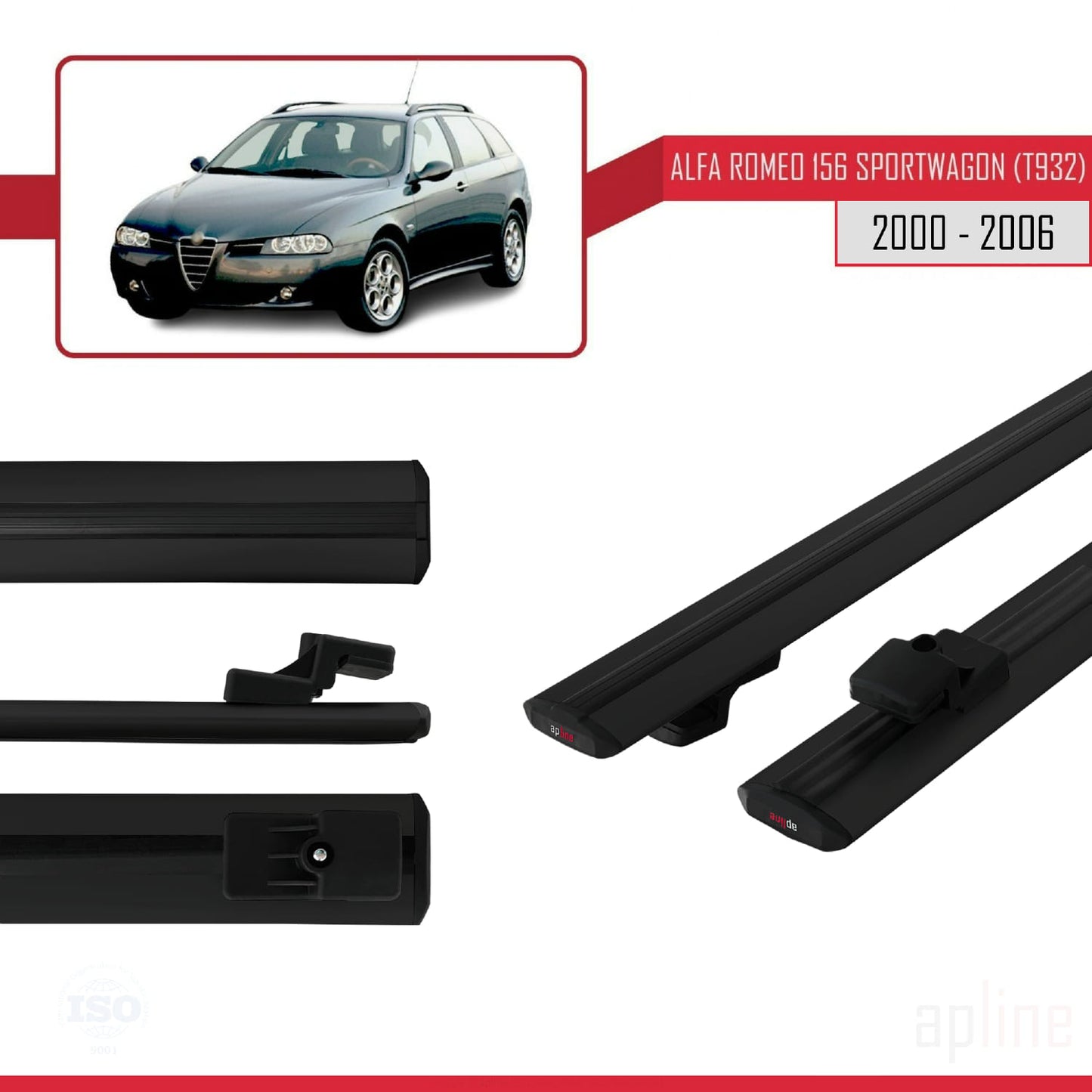 Compatible avec Alfa Romeo 156 (T932) Break 2000-2006 BASIC Model Barres de Toit Railing Porte-Bagages de Voiture Noir Aluminium 2 Barres
