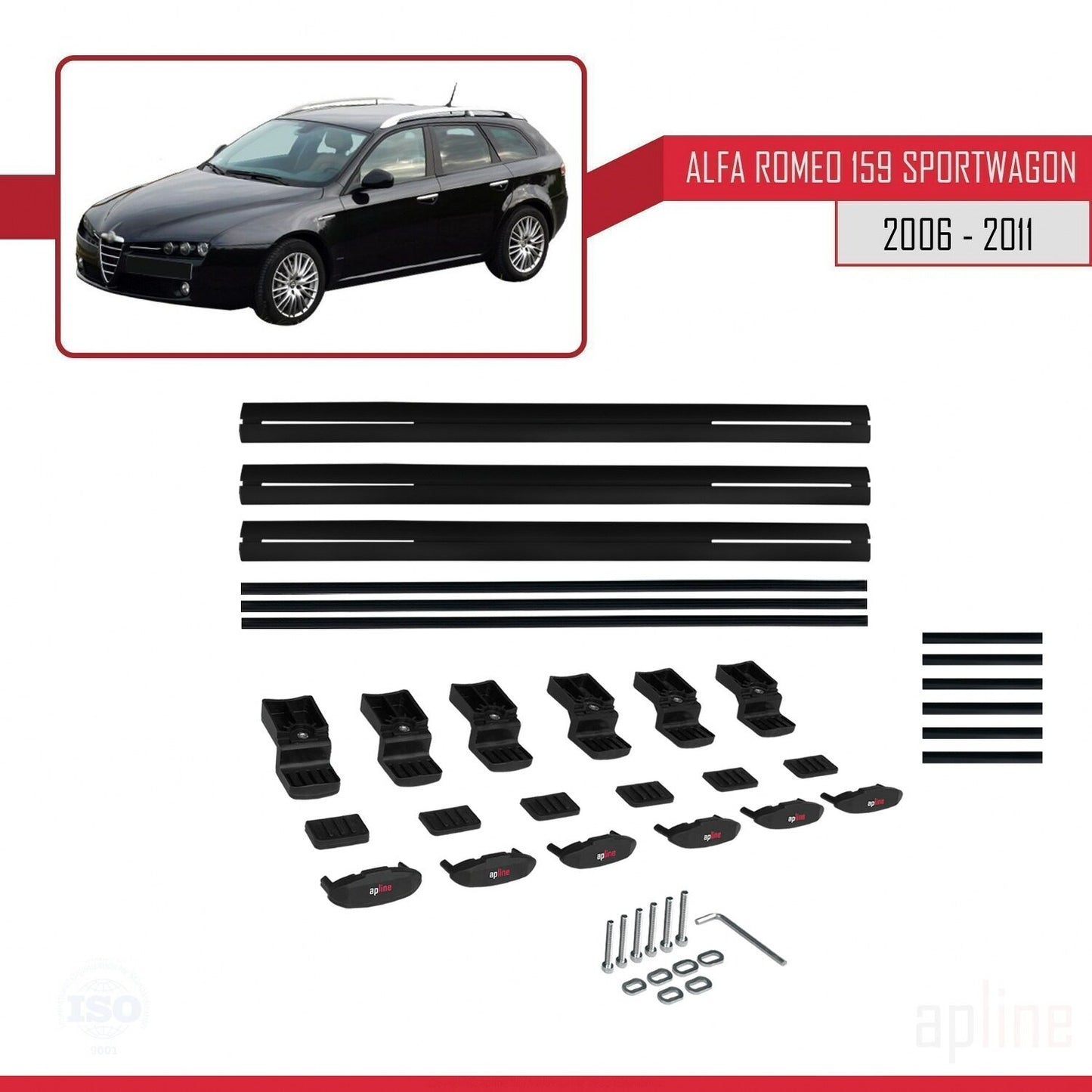 Kompatibel mit Alfa Romeo 159 (T939) Kombi 2006-2011 Basismodell Dachgepäckträger, schwarzes Aluminium, 3-Stangen