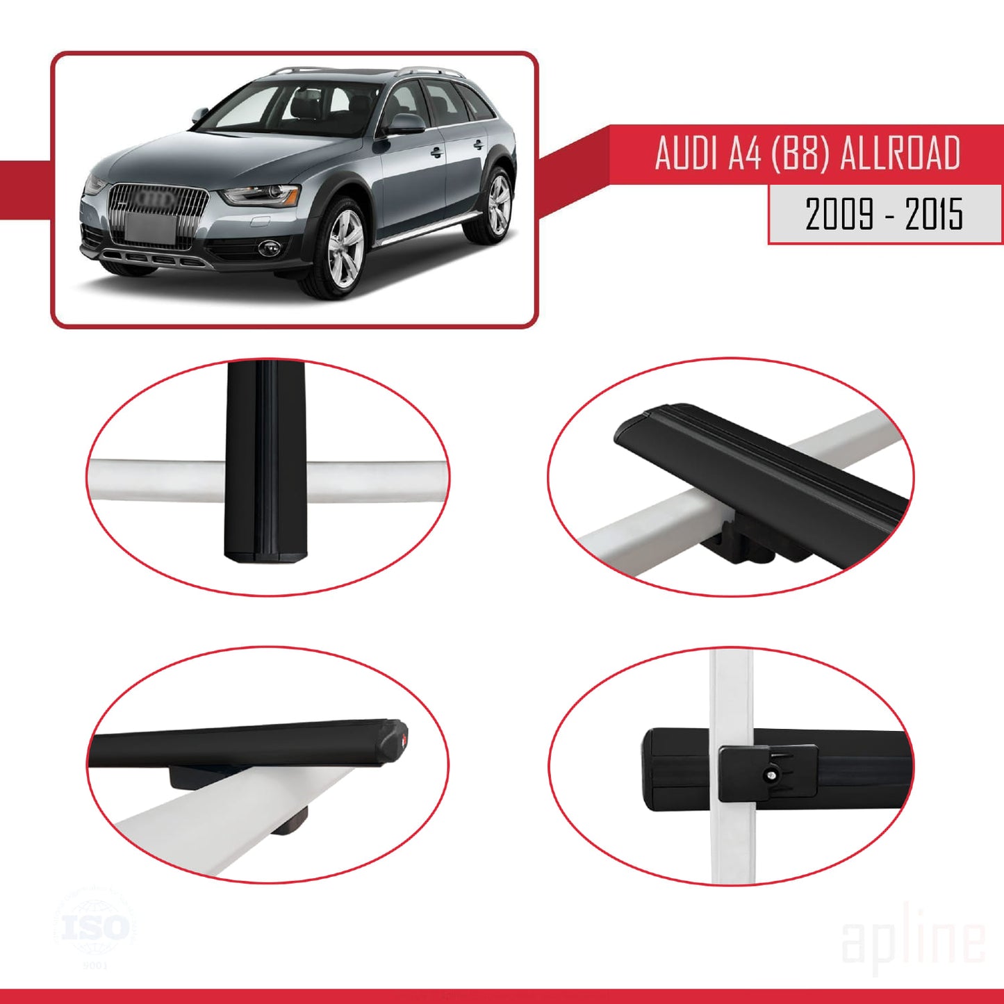 Kompatibel mit A4 (B8) Allroad 2009-2015 Basismodell Dachgepäckträger, schwarzes Aluminium, 3 Stangen
