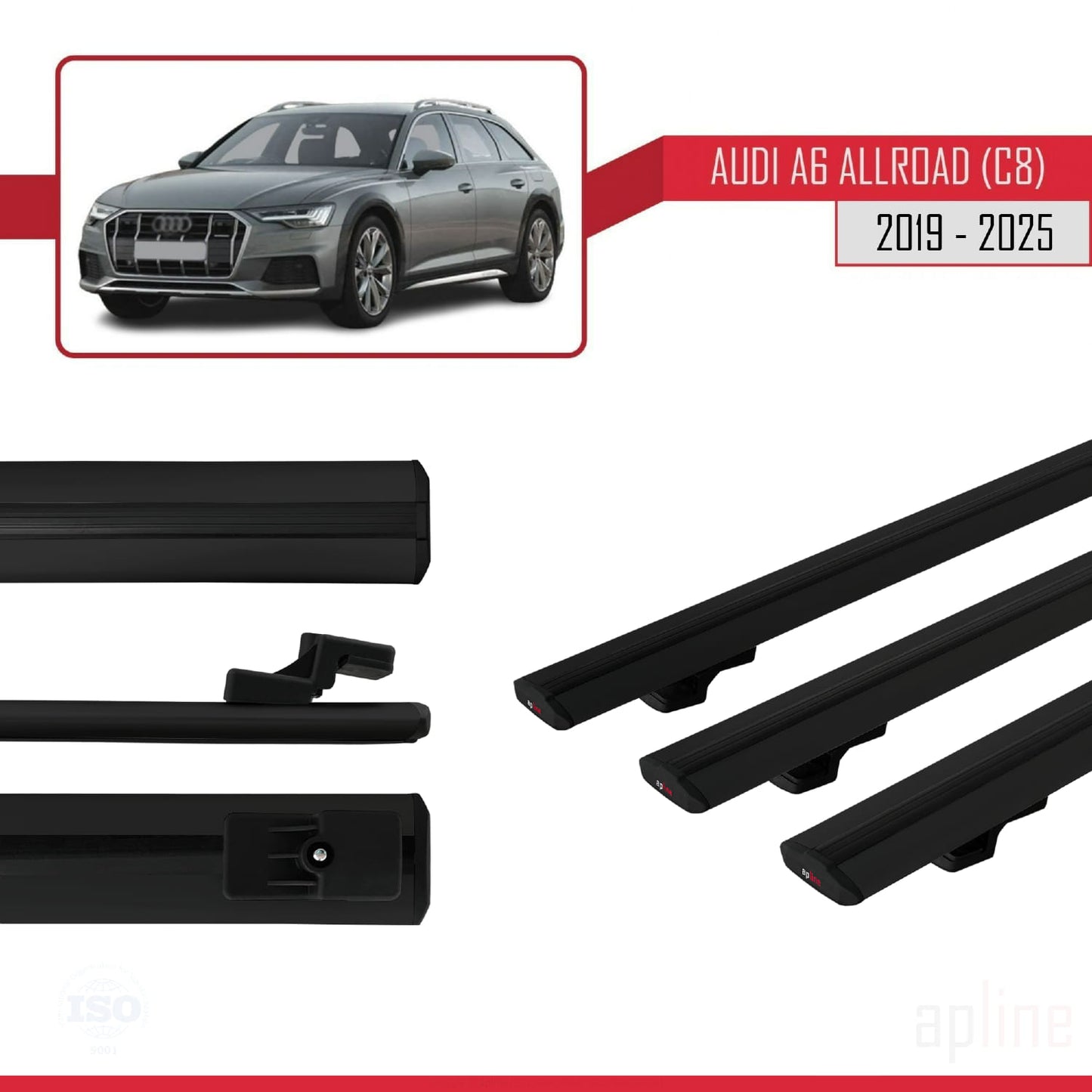 Compatible avec A6 (C8) Allroad 2019-2025 BASIC Model Barres de Toit Railing Porte-Bagages de Voiture Noir Aluminium 3 Barres