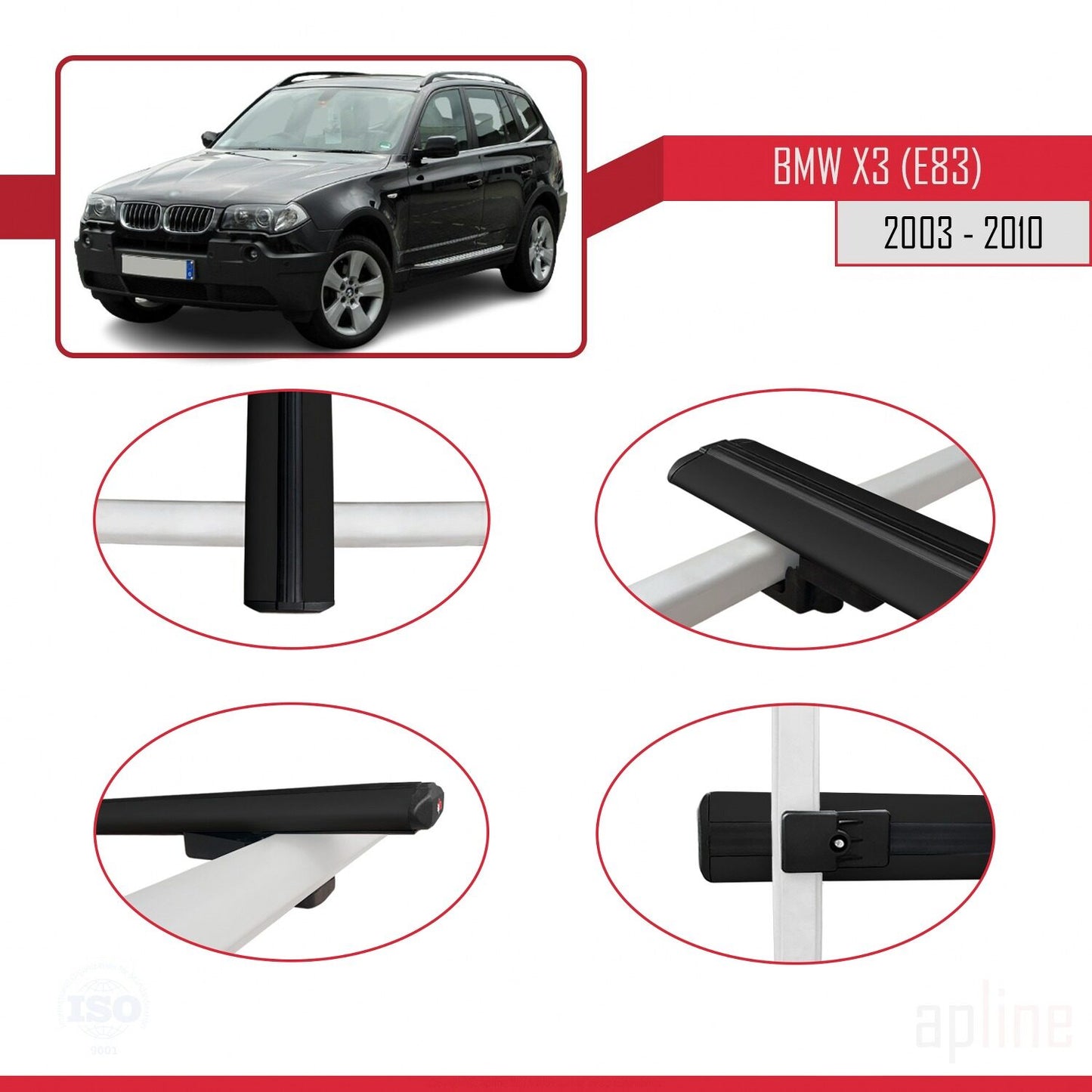Kompatibel mit BMW X3 (E83) 2003-2010 Basismodell Dachgepäckträger, schwarzes Aluminium, 3-teilig
