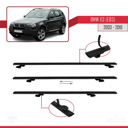 Kompatibel mit BMW X3 (E83) 2003-2010 Basismodell Dachgepäckträger, schwarzes Aluminium, 2 Stangen