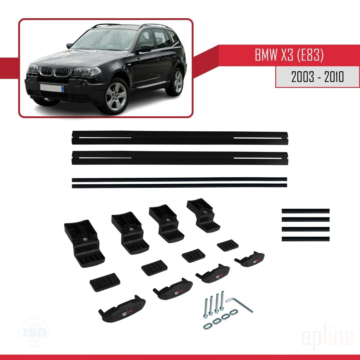 Kompatibel mit BMW X3 (E83) 2003-2010 Basismodell Dachgepäckträger, schwarzes Aluminium, 2 Stangen