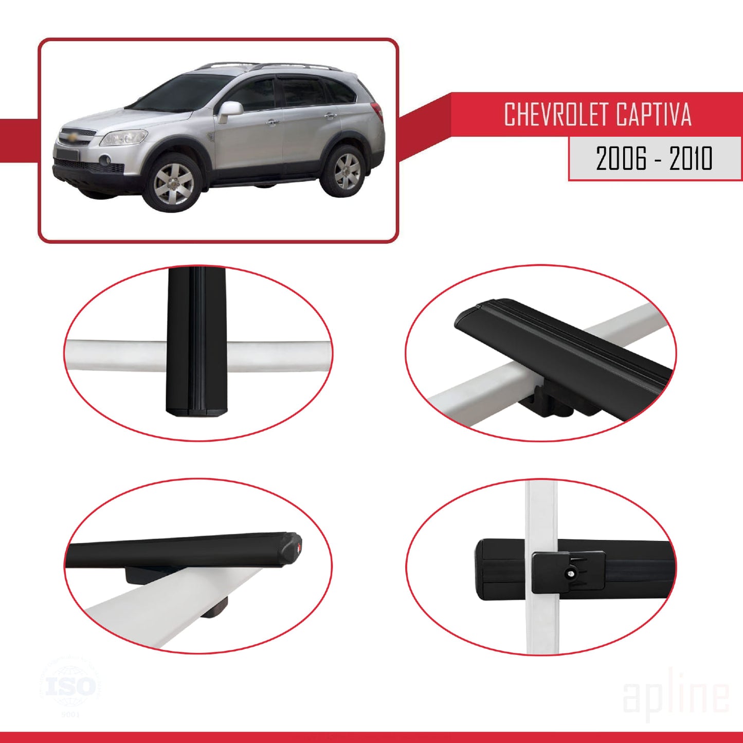 Kompatibel mit Chevrolet Captiva 2006-2010 Basismodell Dachgepäckträger, schwarzes Aluminium, 3 Stangen