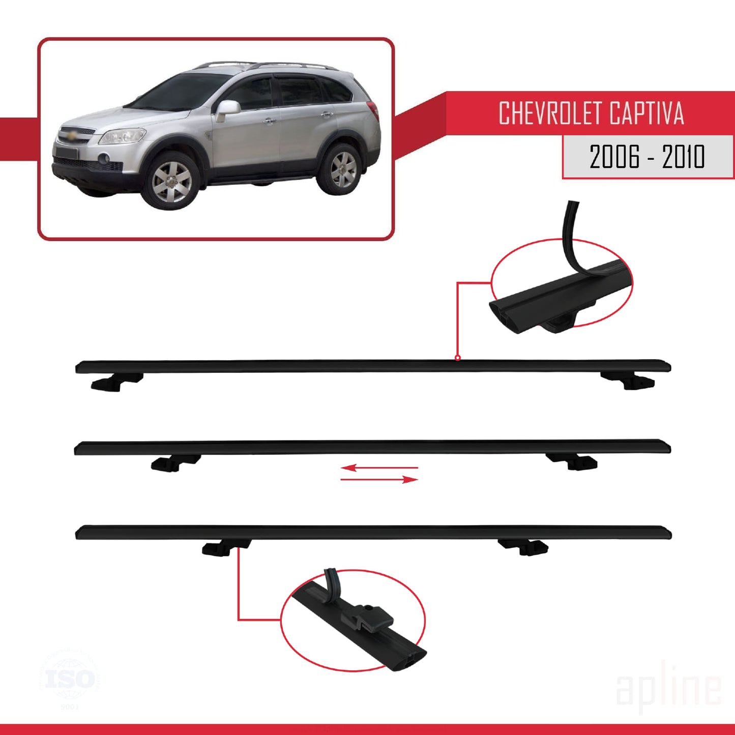 Kompatibel mit Chevrolet Captiva 2006-2010 Basismodell Dachgepäckträger, schwarzes Aluminium, 3 Stangen