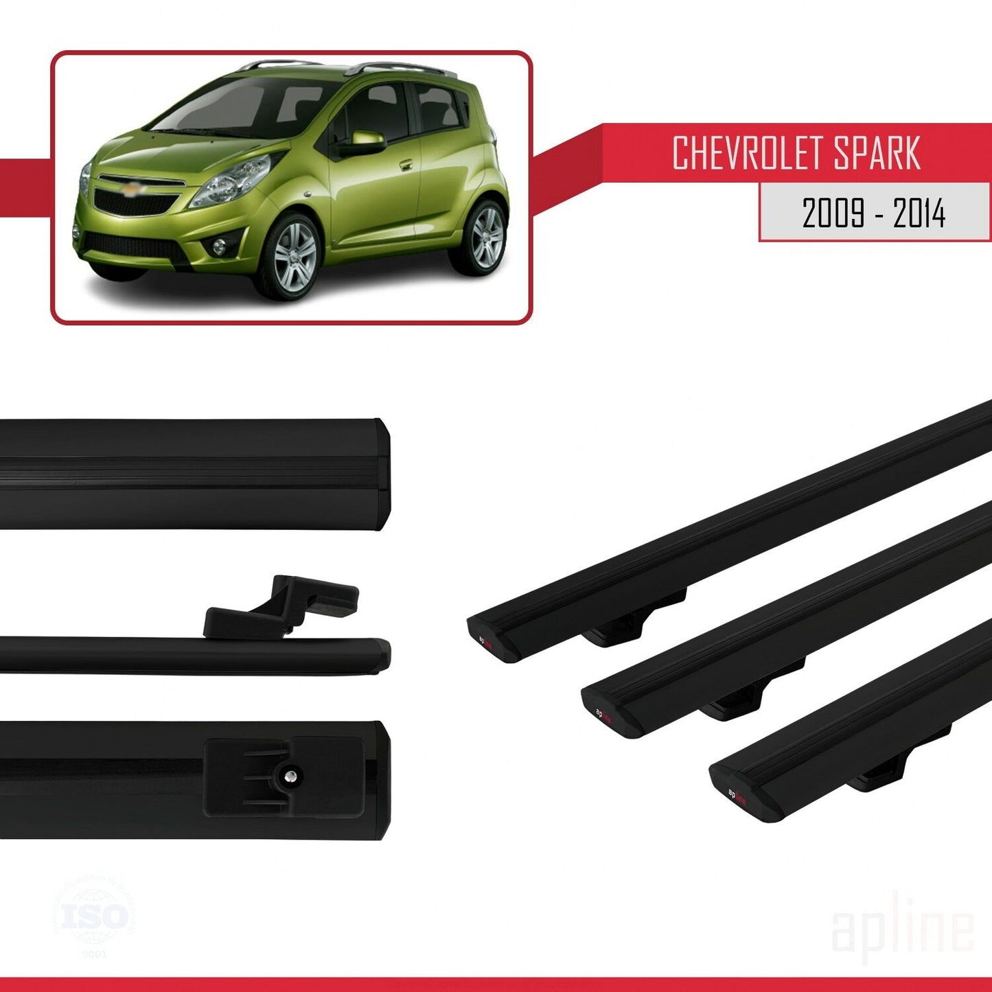 Compatible avec Chevrolet Spark (M300) 2009-2014 BASIC Model Barres de Toit Railing Porte-Bagages de Voiture Noir Aluminium 3 Barres