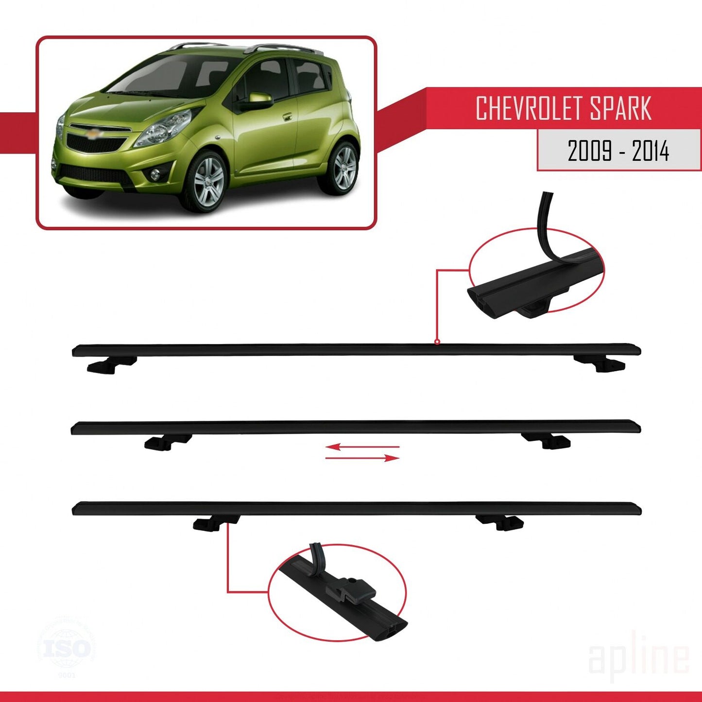 Compatible avec Chevrolet Spark (M300) 2009-2014 BASIC Model Barres de Toit Railing Porte-Bagages de Voiture Noir Aluminium 2 Barres