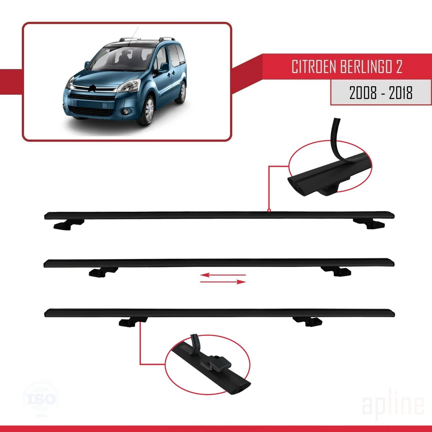 Compatible with Citroen Berlingo 2 (B9) 2008-2018 BASIC Model Car Roof Rack Cross Bar Black Aluminium 3 Bars
