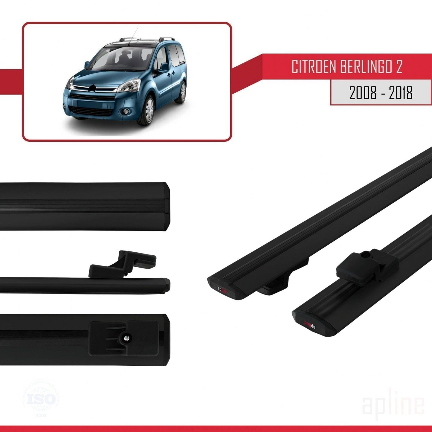 Compatible with Citroen Berlingo 2 (B9) 2008-2018 BASIC Model Car Roof Rack Cross Bar Black Aluminium 2 Bars