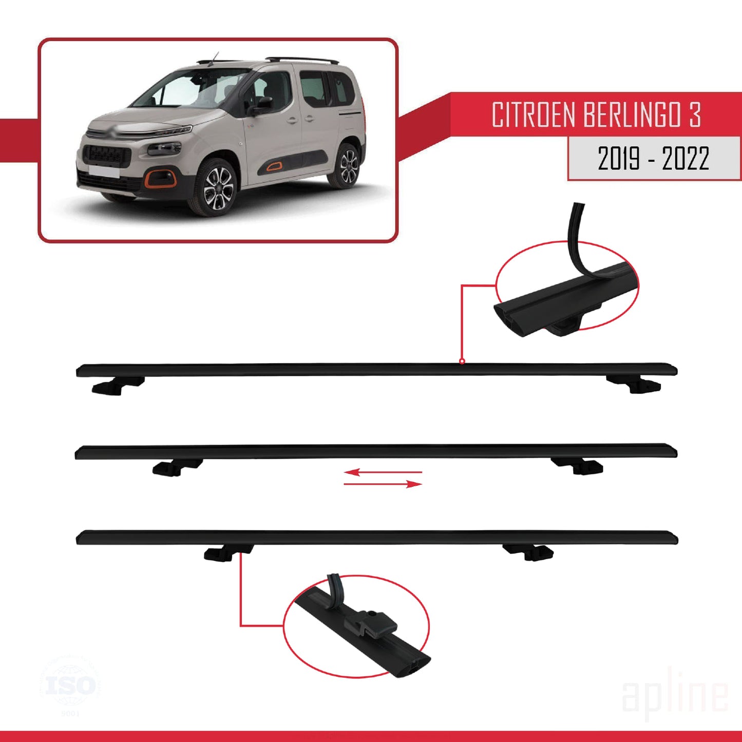 Compatible avec Citroen Berlingo 3 (K9) 2019-2022 BASIC Model Barres de Toit Railing Porte-Bagages de Voiture Noir Aluminium 3 Barres