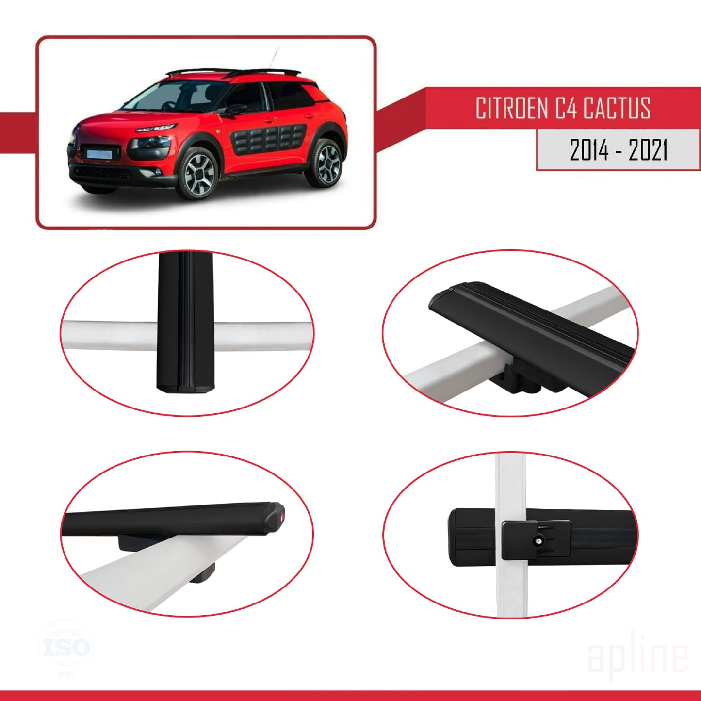 Compatible avec Citroen C4 Cactus 2014-2021 BASIC Model Barres de Toit Railing Porte-Bagages de Voiture Noir Aluminium 3 Barres