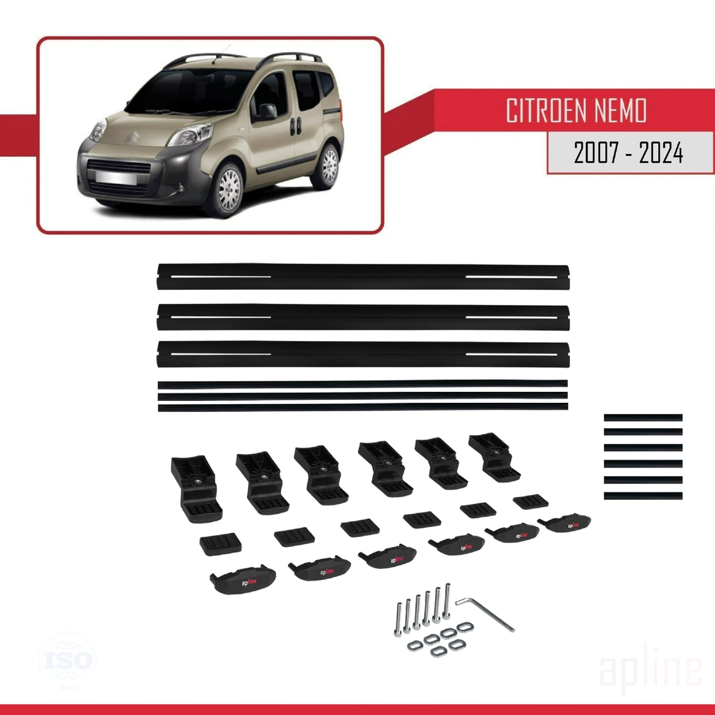 Kompatibel mit Citroen Nemo 3 (225) 2007-2024 Basismodell Dachgepäckträger, schwarzes Aluminium, 3 Stangen