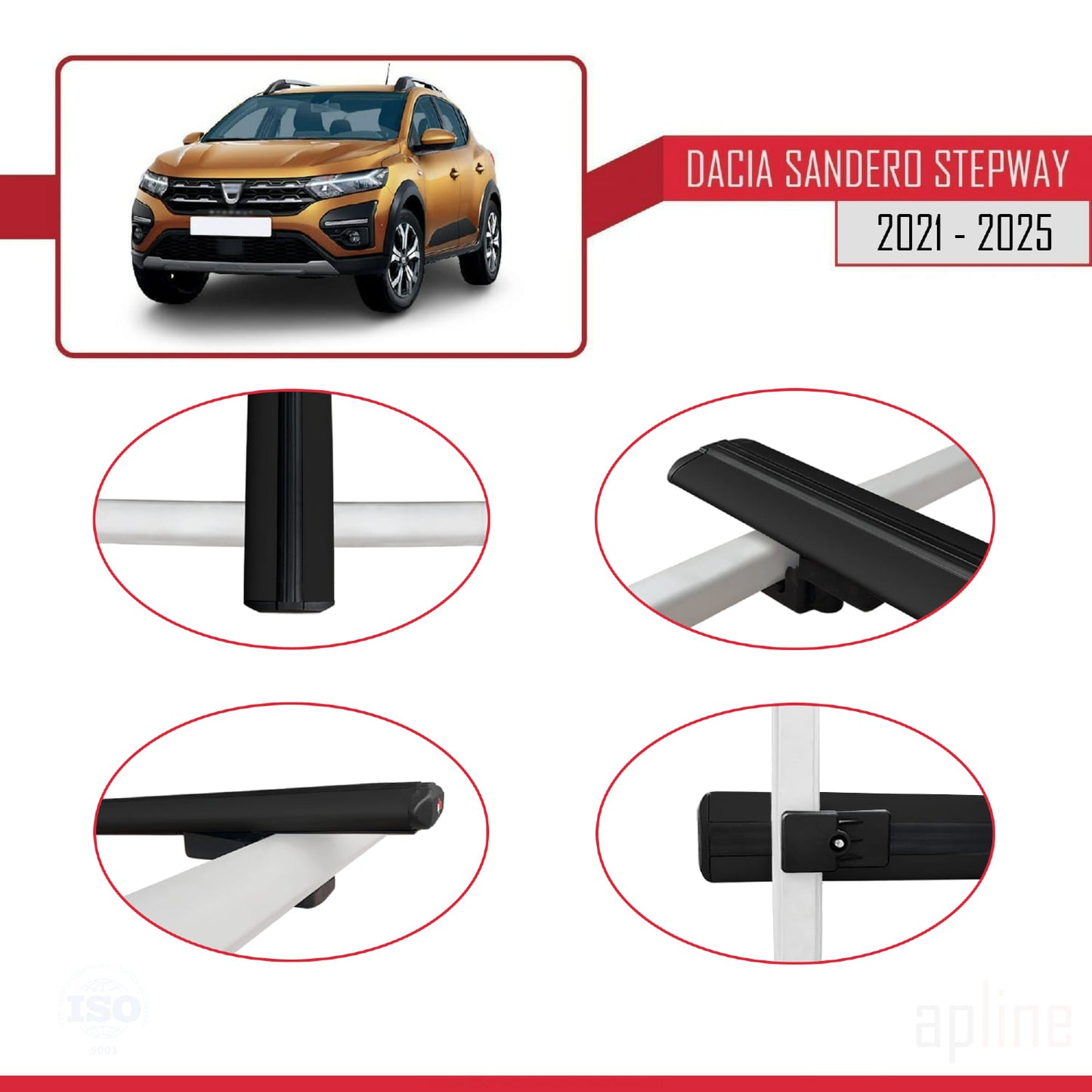 Kompatibel mit Dacia Sandero Stepway 3 2021-2025 Basismodell Dachgepäckträger, Reling, Gepäckträger, schwarzes Aluminium, 2 Stangen