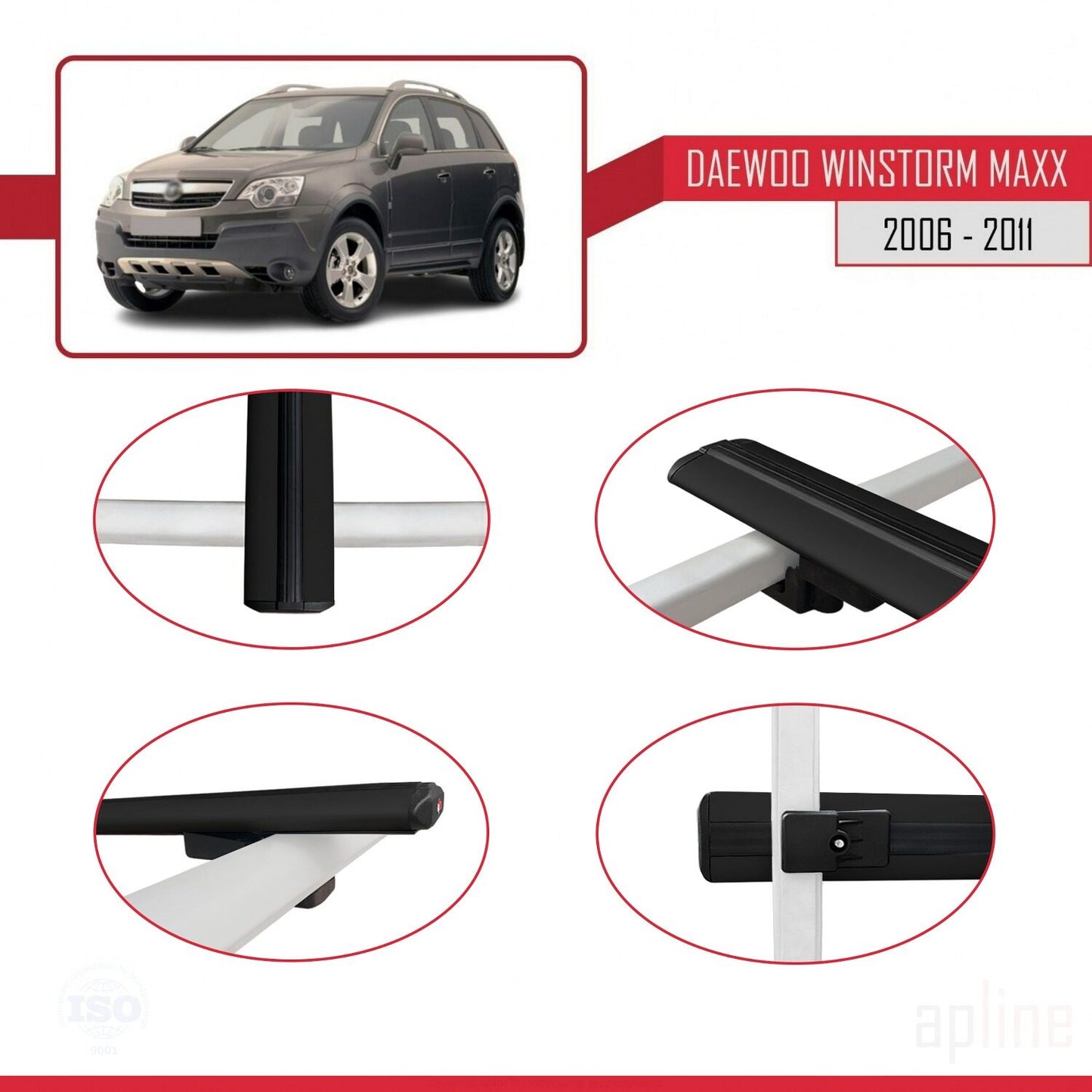 Kompatibel mit Daewoo Winstorm MaXX 2006-2011 BASIC Modell Dachgepäckträger, schwarzes Aluminium, 3 Stangen