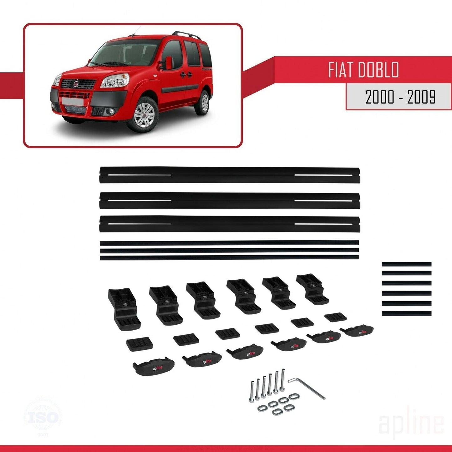 Kompatibel mit Fiat Doblo 2000-2009 Basismodell Dachgepäckträger, schwarzes Aluminium, 3-Stangen