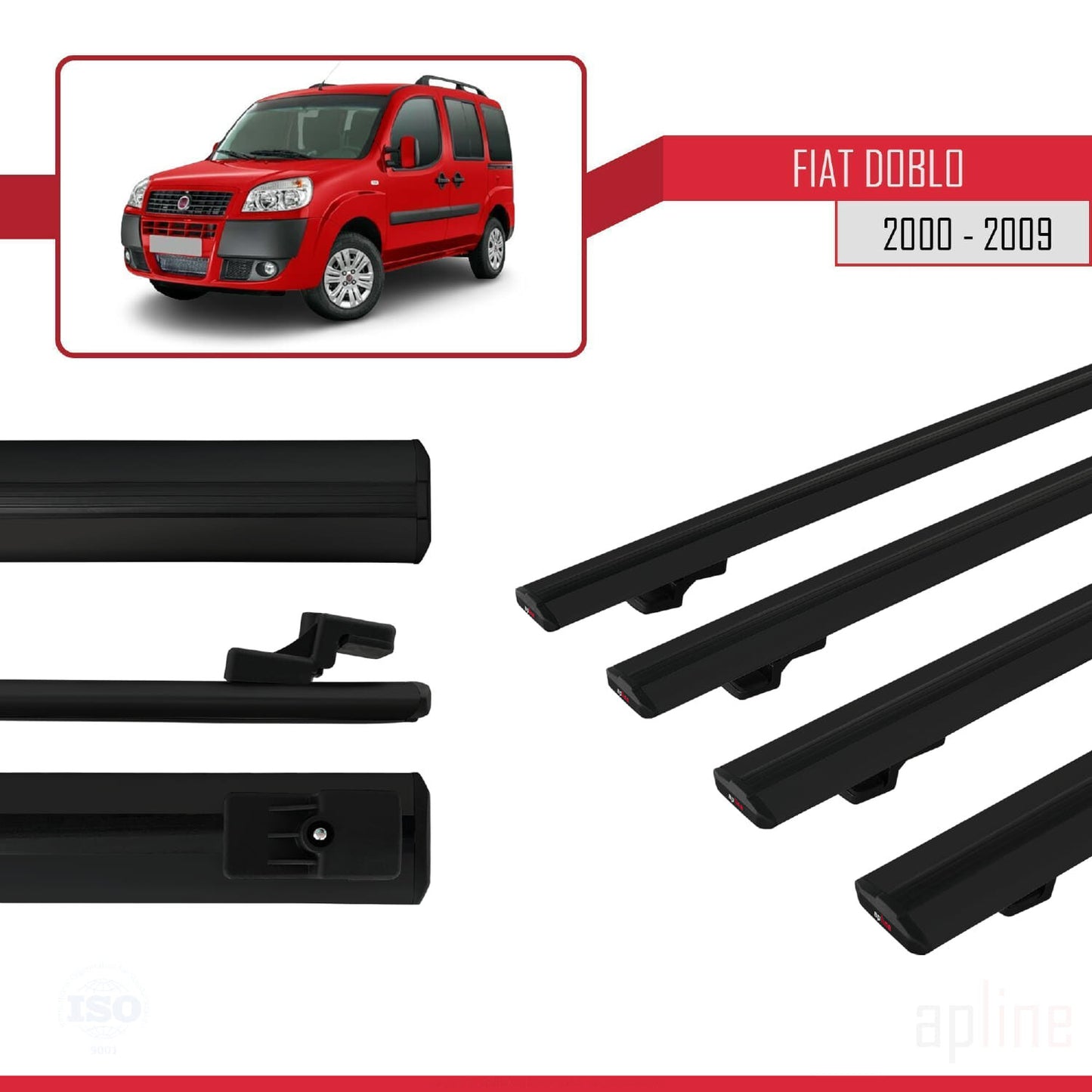 Kompatibel mit Fiat Doblo 2000-2009 Basismodell Dachgepäckträger, schwarzes Aluminium, 4 Stangen