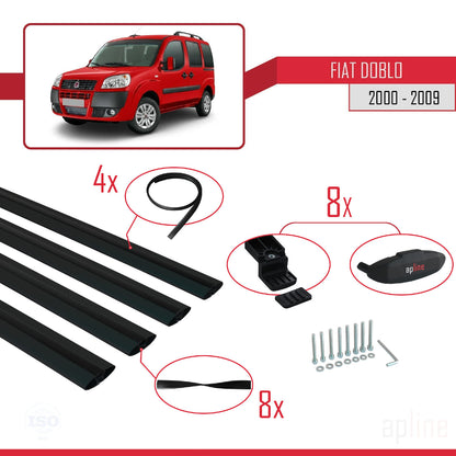 Kompatibel mit Fiat Doblo 2000-2009 Basismodell Dachgepäckträger, schwarzes Aluminium, 4 Stangen