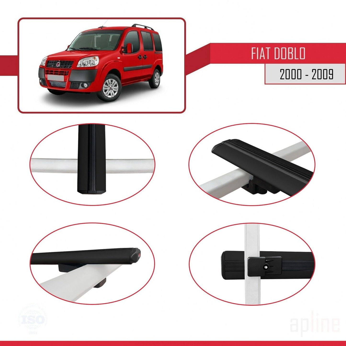 Kompatibel mit Fiat Doblo 2000-2009 Basismodell Dachgepäckträger, schwarzes Aluminium, 2 Stangen