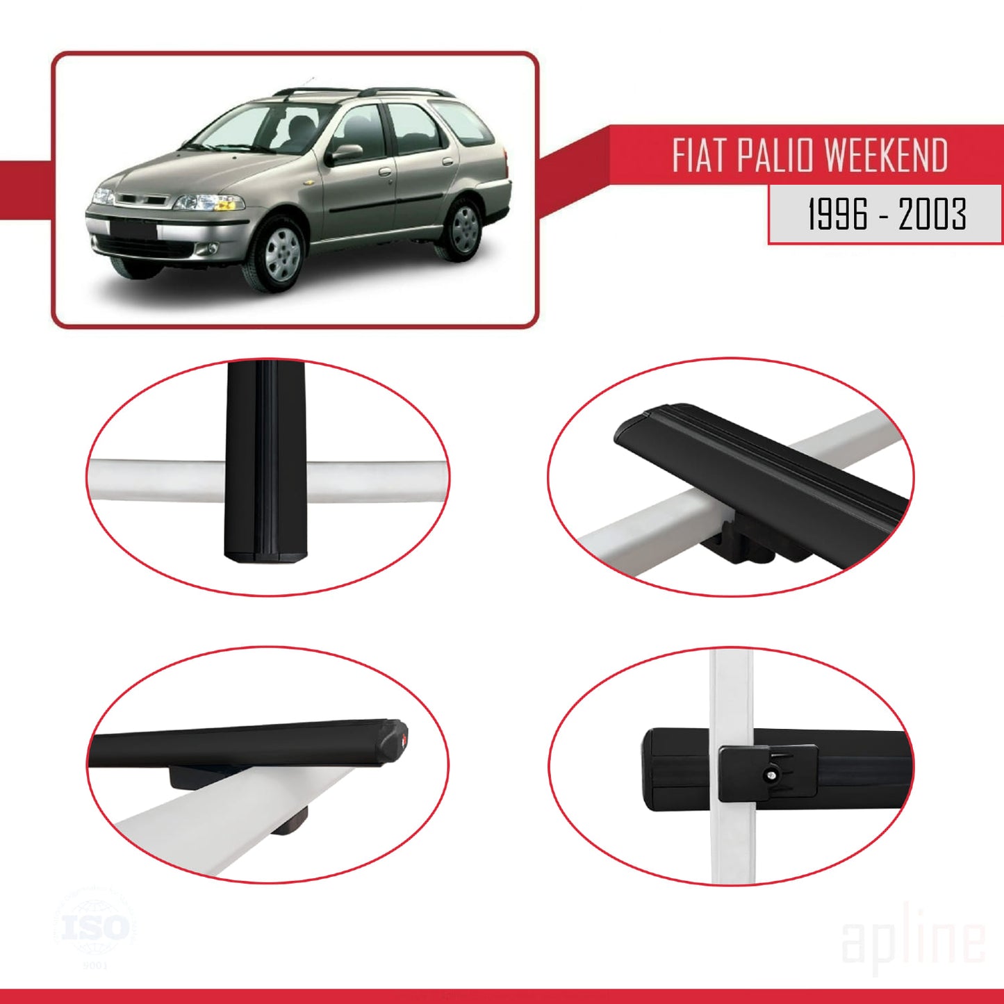 Compatible avec Fiat Palio (178) Weekend 1996-2003 BASIC Model Barres de Toit Railing Porte-Bagages de Voiture Noir Aluminium 3 Barres