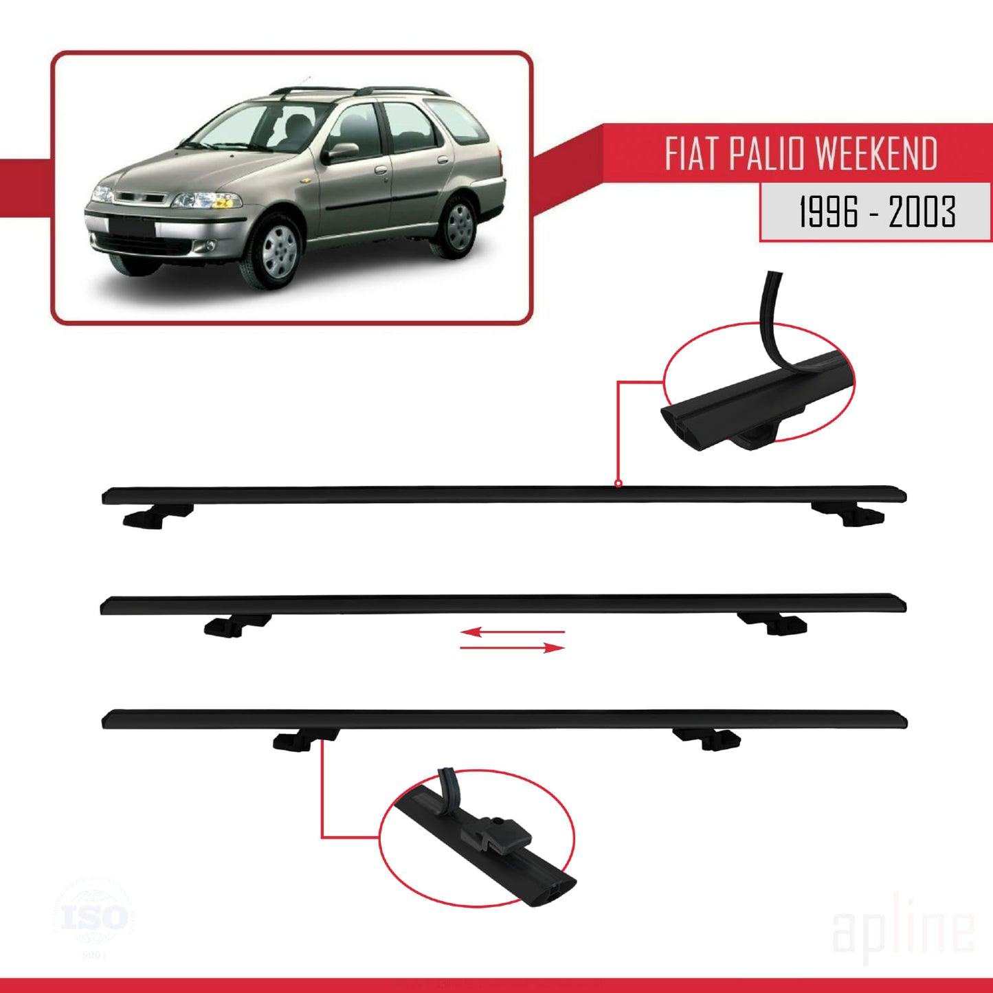 Compatible avec Fiat Palio (178) Weekend 1996-2003 BASIC Model Barres de Toit Railing Porte-Bagages de Voiture Noir Aluminium 3 Barres