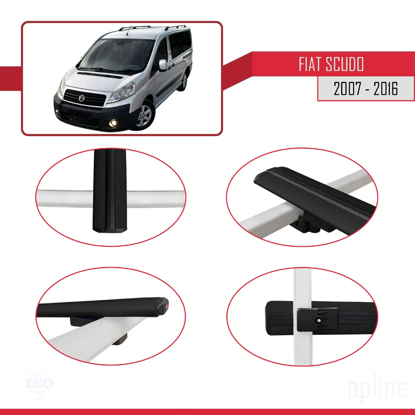 Compatible avec Fiat Scudo 2 2007-2016 BASIC Model Barres de Toit Railing Porte-Bagages de Voiture Noir Aluminium 3 Barres