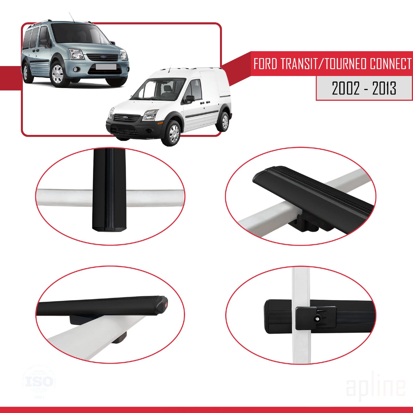 Compatible with Ford Transit/Tourneo Connect 2002-2013 BASIC Model Car Roof Rack Cross Bar Black Aluminium 2 Bars