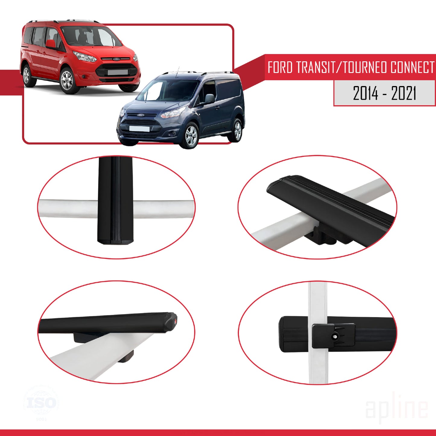 Compatible with Ford Transit/Tourneo Connect 2 2014-2021 BASIC Model Car Roof Rack Cross Bar Black Aluminium 3 Bars