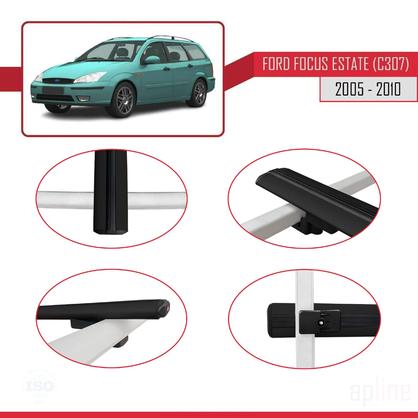 Compatible with Ford Focus 2 (C307) SW 2005-2010 BASIC Model Car Roof Rack Cross Bar Black Aluminium 2 Bars