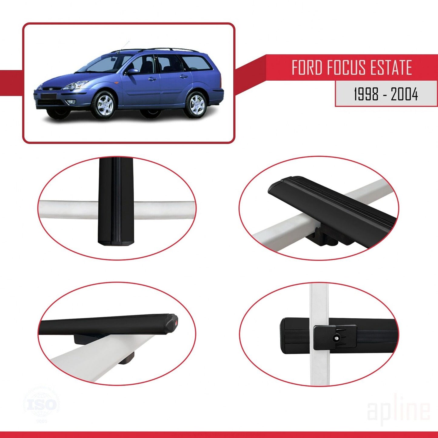 Compatible with Ford Focus (C170) SW 1998-2004 BASIC Model Car Roof Rack Cross Bar Black Aluminium 3 Bars