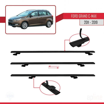 Compatible avec Ford Grand C-Max (C344) 2011-2019 BASIC Model Barres de Toit Railing Porte-Bagages de Voiture Noir Aluminium 3 Barres