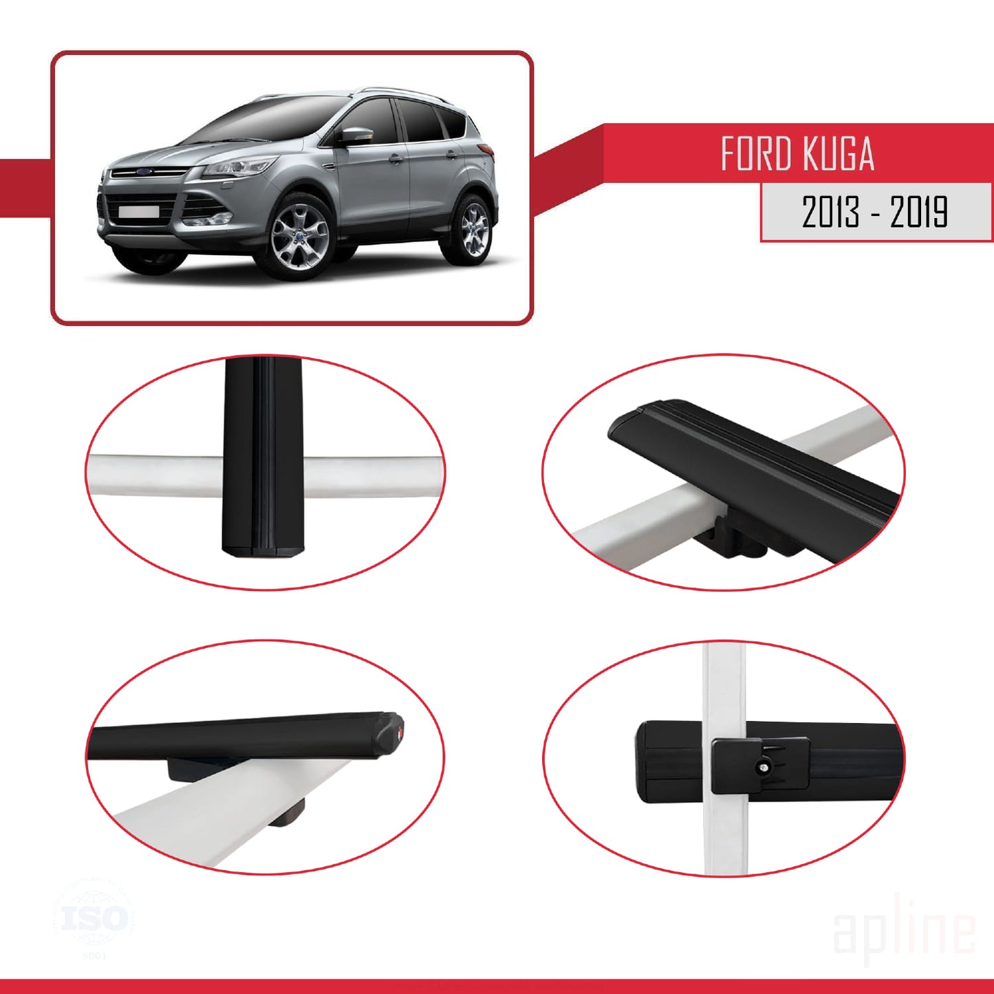 Compatible avec Ford Kuga 2 (C520) 2013-2019 BASIC Model Barres de Toit Railing Porte-Bagages de Voiture Noir Aluminium 2 Barres