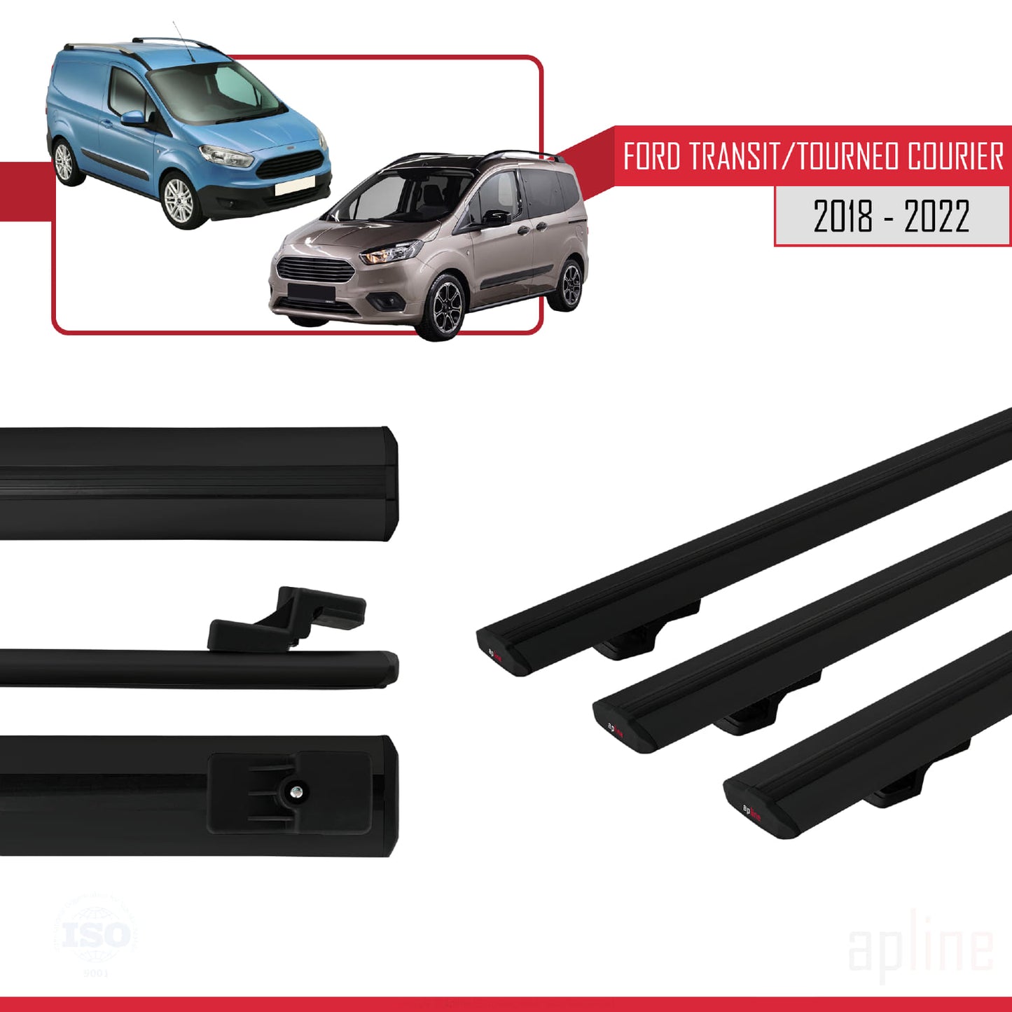 Compatible with Ford Transit/Tourneo Courier Post-Facelift 2018-2022 BASIC Model Car Roof Rack Cross Bar Black Aluminium 3 Bars