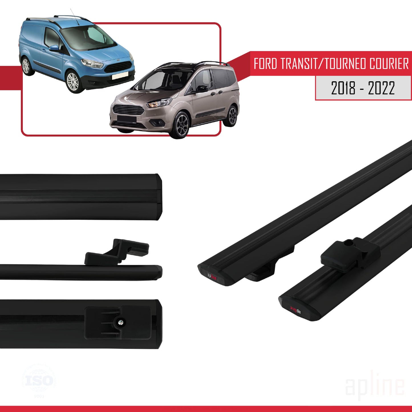 Compatible with Ford Transit/Tourneo Courier Post-Facelift 2018-2022 BASIC Model Car Roof Rack Cross Bar Black Aluminium 2 Bars