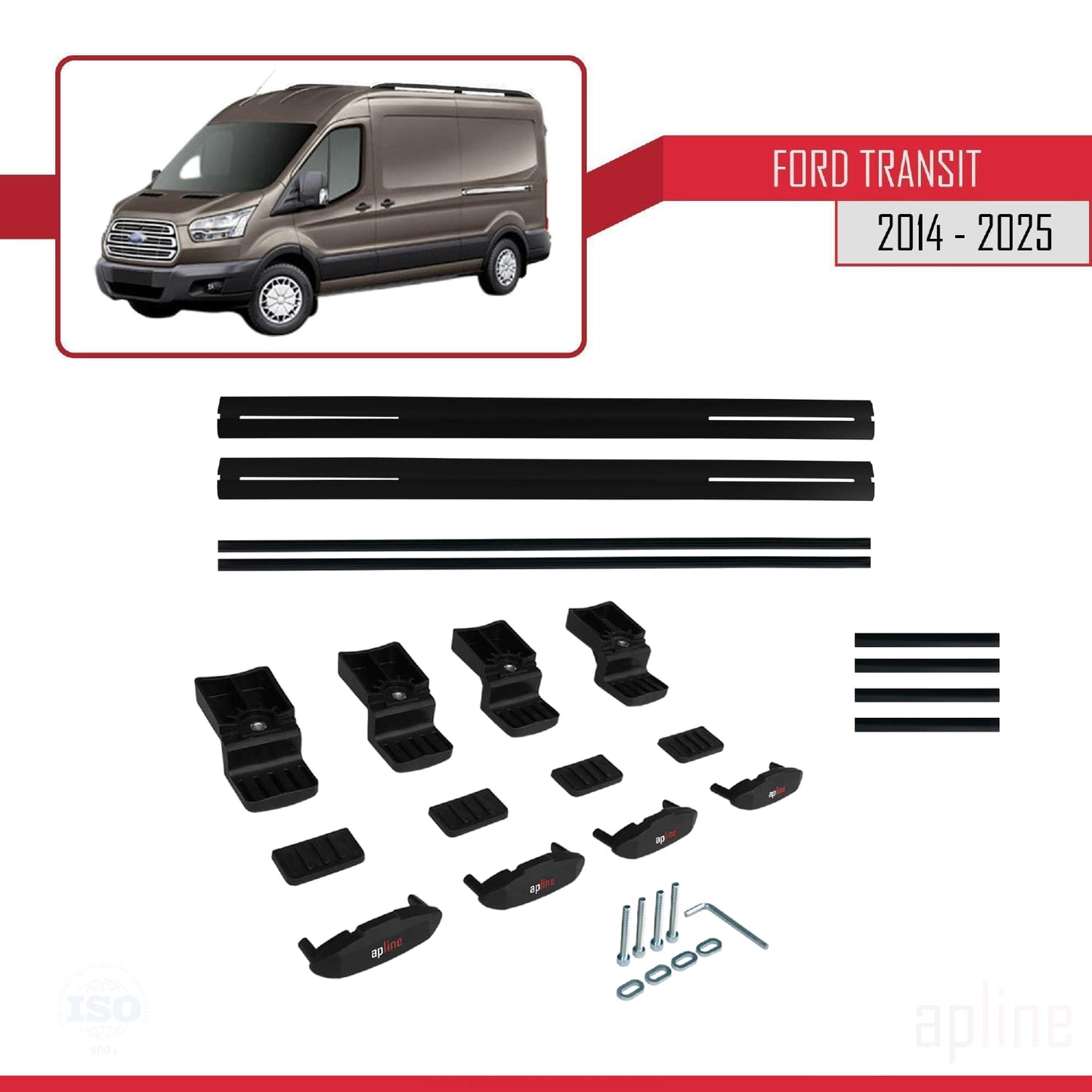 Kompatibel mit Ford Transit 2014-2025 BASIC Modell Dachgepäckträger, schwarzes Aluminium, 2 Stangen