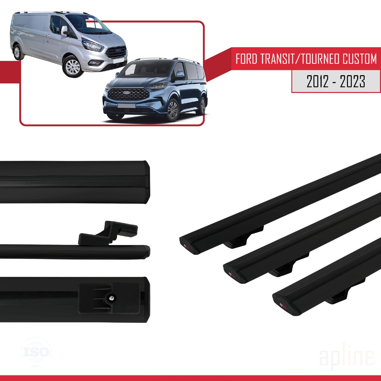 Kompatibel mit Ford Transit/Tourneo Custom 2012-2023 BASIC Modell Dachgepäckträger, schwarzes Aluminium, 3 Stangen