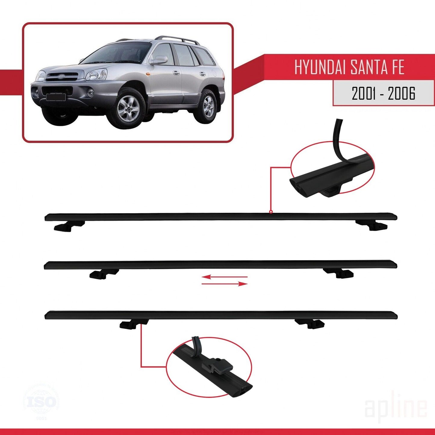 Compatible avec Hyundai Santa Fe (SM) 2001-2006 BASIC Model Barres de Toit Railing Porte-Bagages de Voiture Noir Aluminium 3 Barres