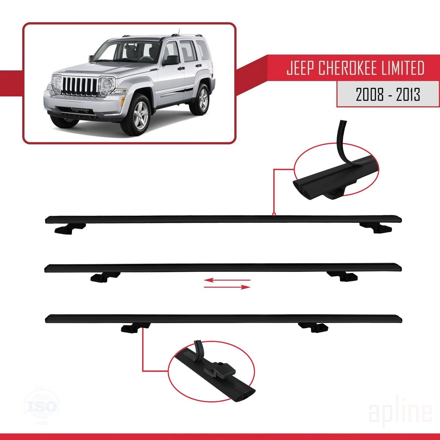 Compatible avec Jeep Cherokee 4 (KK) 2008-2013 BASIC Model Barres de Toit Railing Porte-Bagages de Voiture Noir Aluminium 2 Barres