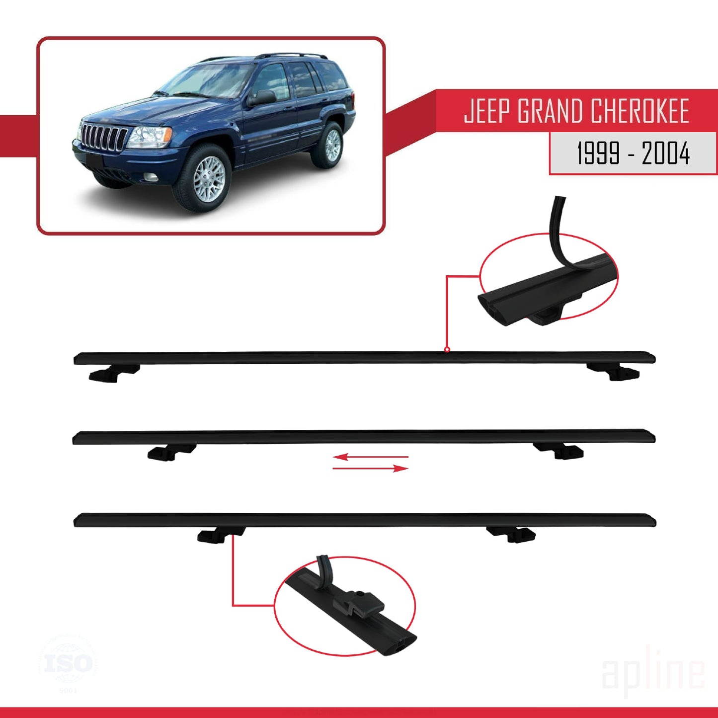 Compatible avec Jeep Grand Cherokee 2 (WJ) 1999-2004 BASIC Model Barres de Toit Railing Porte-Bagages de Voiture Noir Aluminium 2 Barres