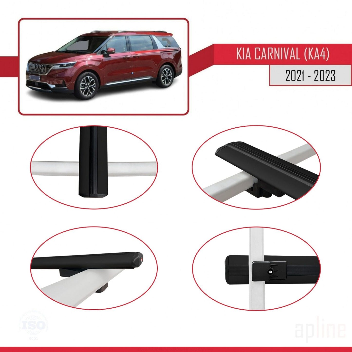 Compatible with Kia Carnival 4 (KA4) 2021-2023 BASIC Model Car Roof Rack Cross Bar Black Aluminium 3 Bars