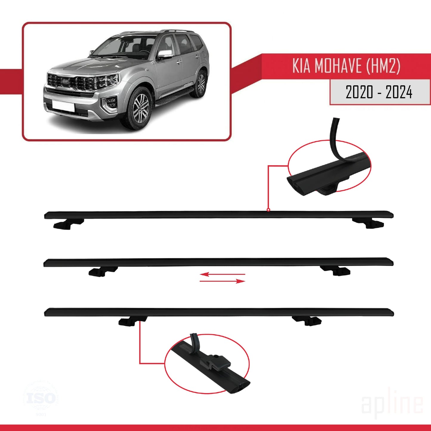 Compatible with Kia Mohave 2 (HM2) 2020-2024 BASIC Model Car Roof Rack Cross Bar Black Aluminium 3 Bars
