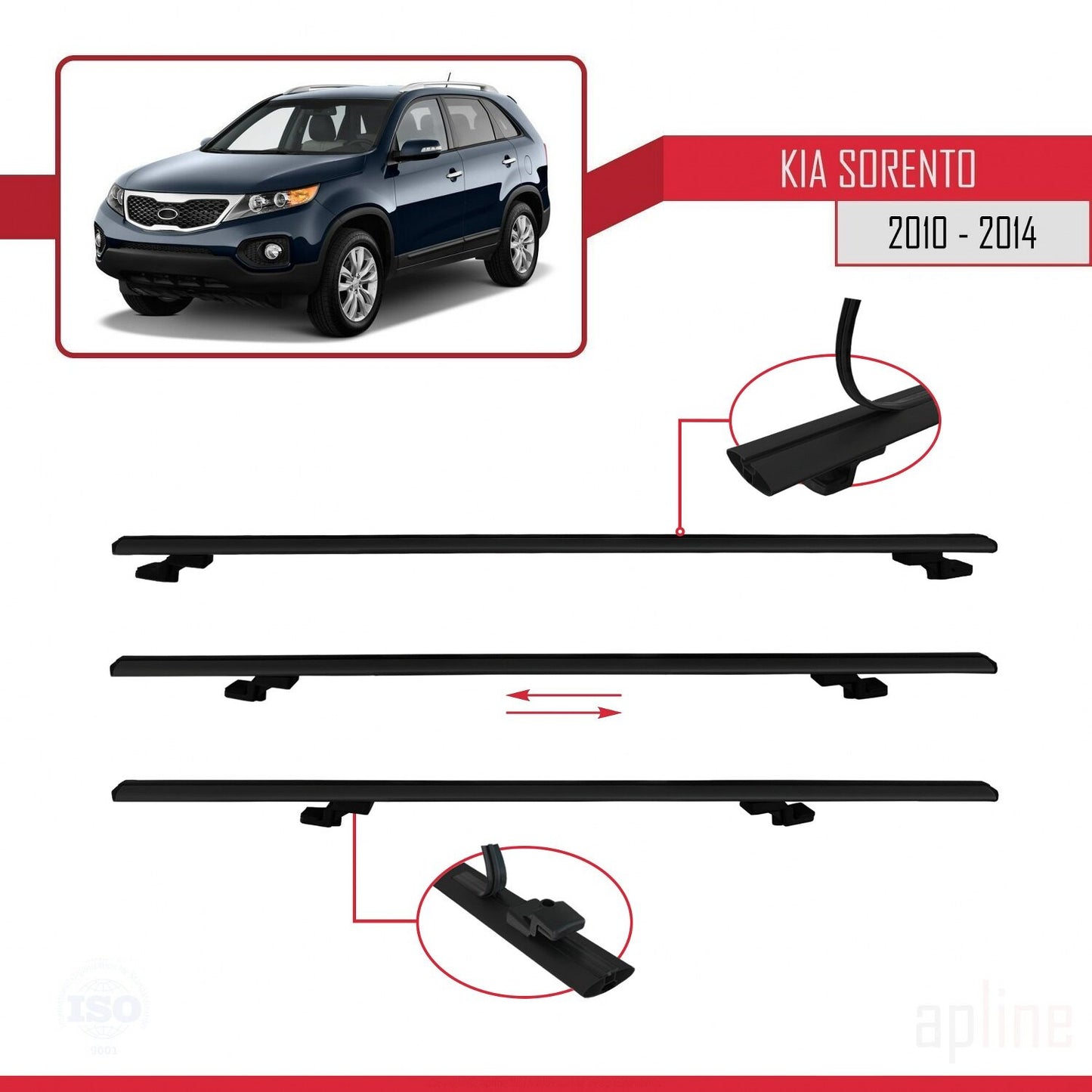 Compatible with Kia Sorento 2 (XM) 2010-2014 BASIC Model Car Roof Rack Cross Bar Black Aluminium 2 Bars
