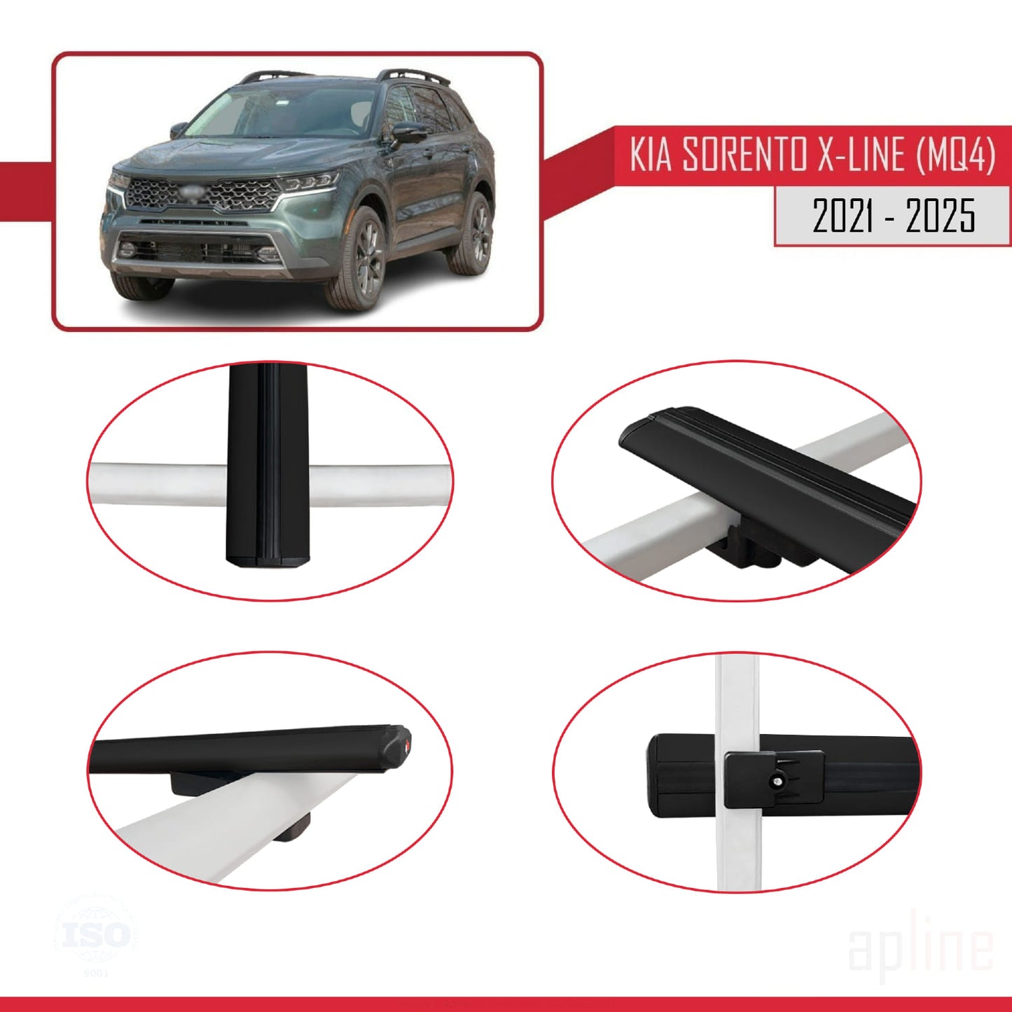 Compatible avec Kia Sorento 4 (MQ4) X-Line 2021-2025 BASIC Model Barres de Toit Railing Porte-Bagages de Voiture Noir Aluminium 2 Barres