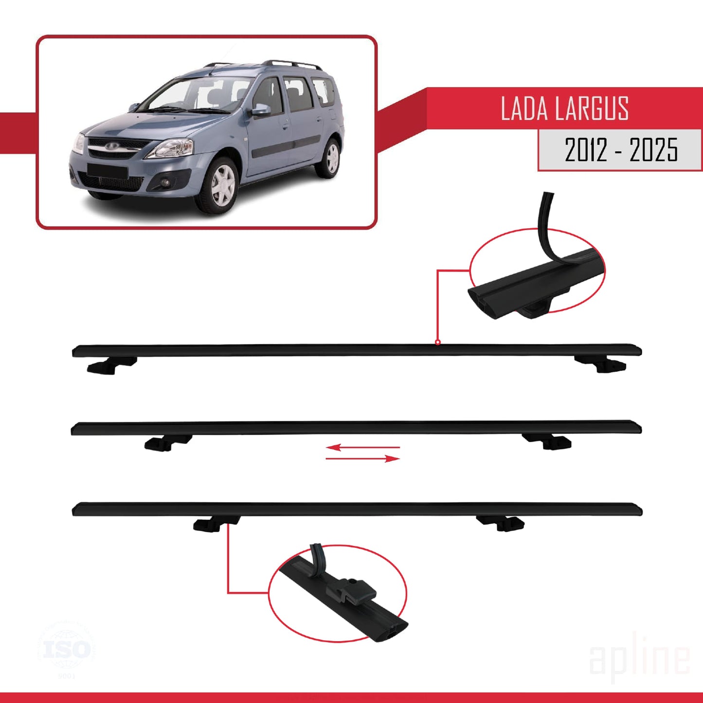 Compatible with Lada Largus 2012-2025 BASIC Model Car Roof Rack Cross Bar Black Aluminium 3 Bars