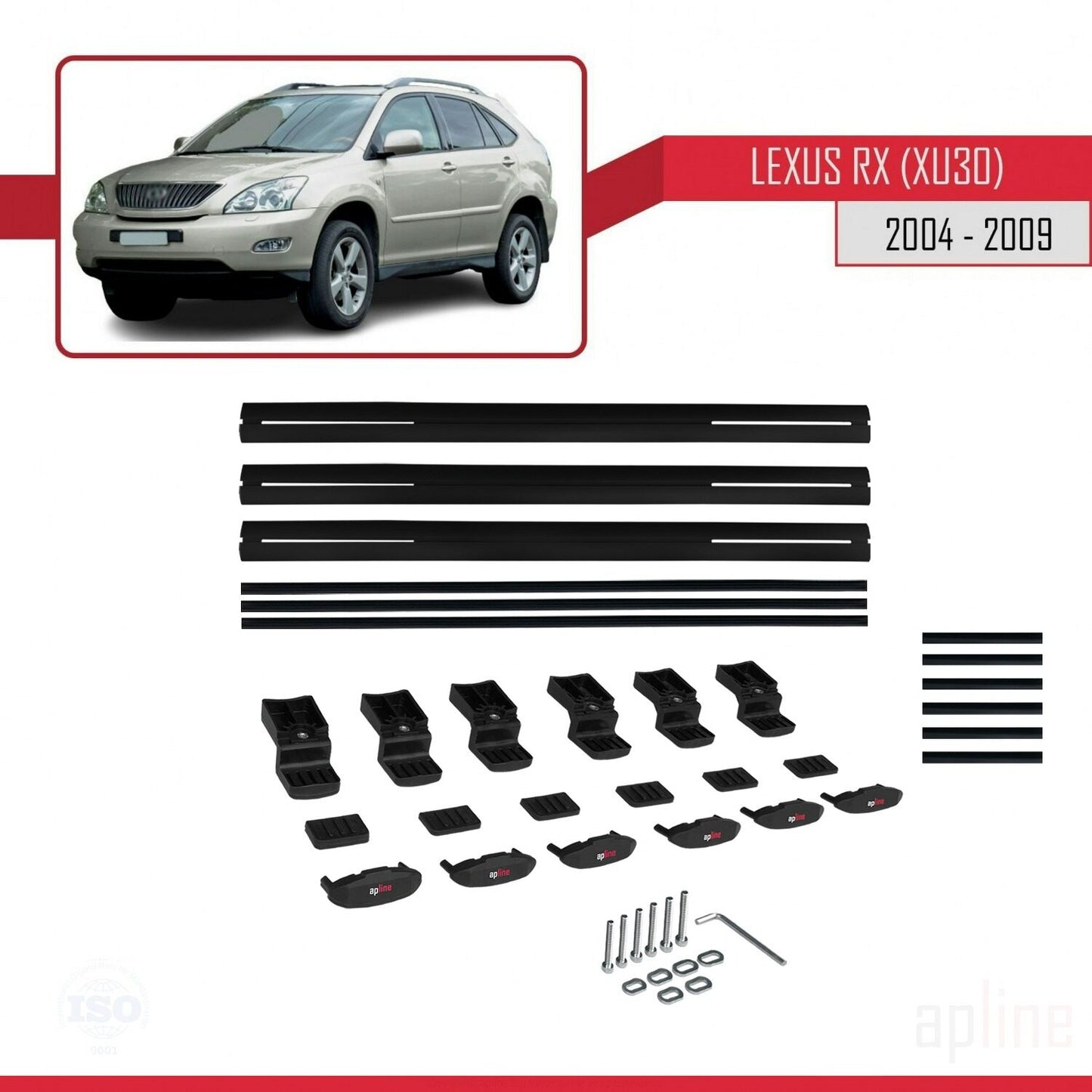 Compatible avec Lexus RX 2 (XU30) 2004-2009 BASIC Model Barres de Toit Railing Porte-Bagages de Voiture Noir Aluminium 3 Barres