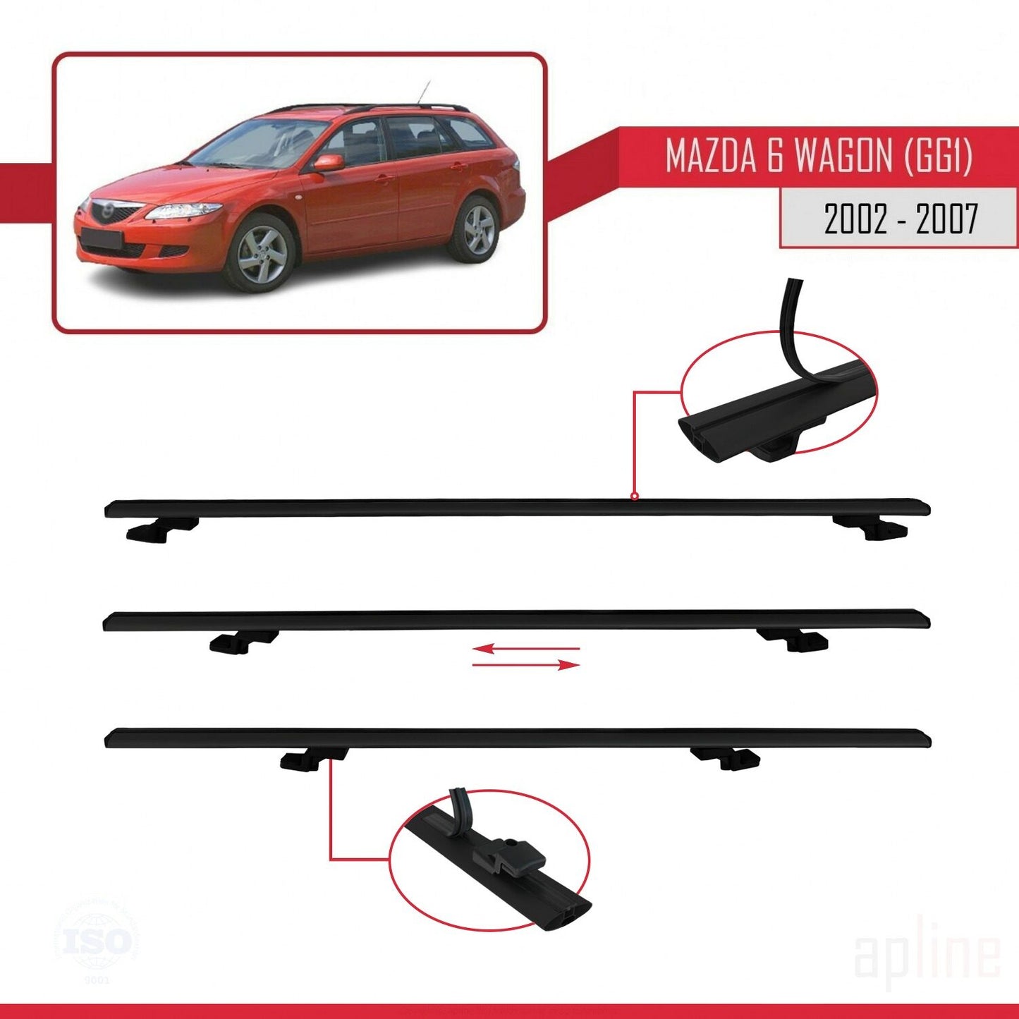Compatible avec Mazda 6 I (GG1) 2002-2007 BASIC Model Barres de Toit Railing Porte-Bagages de Voiture Noir Aluminium 3 Barres