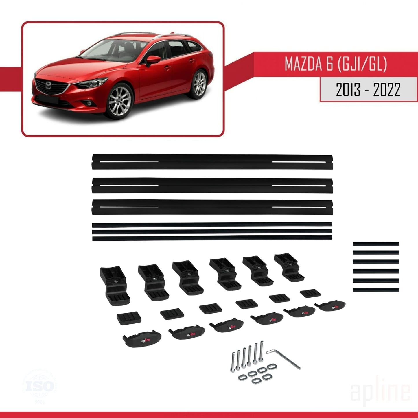 Compatible avec Mazda 6 III (GJ1/GL) 2013-2022 BASIC Model Barres de Toit Railing Porte-Bagages de Voiture Noir Aluminium 3 Barres