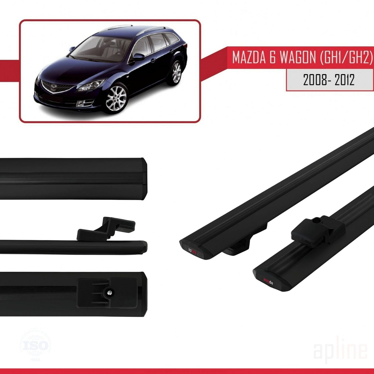 Compatible avec Mazda 6 II (GZ) Wagon 2008-2012 BASIC Model Barres de Toit Railing Porte-Bagages de Voiture Noir Aluminium 2 Barres